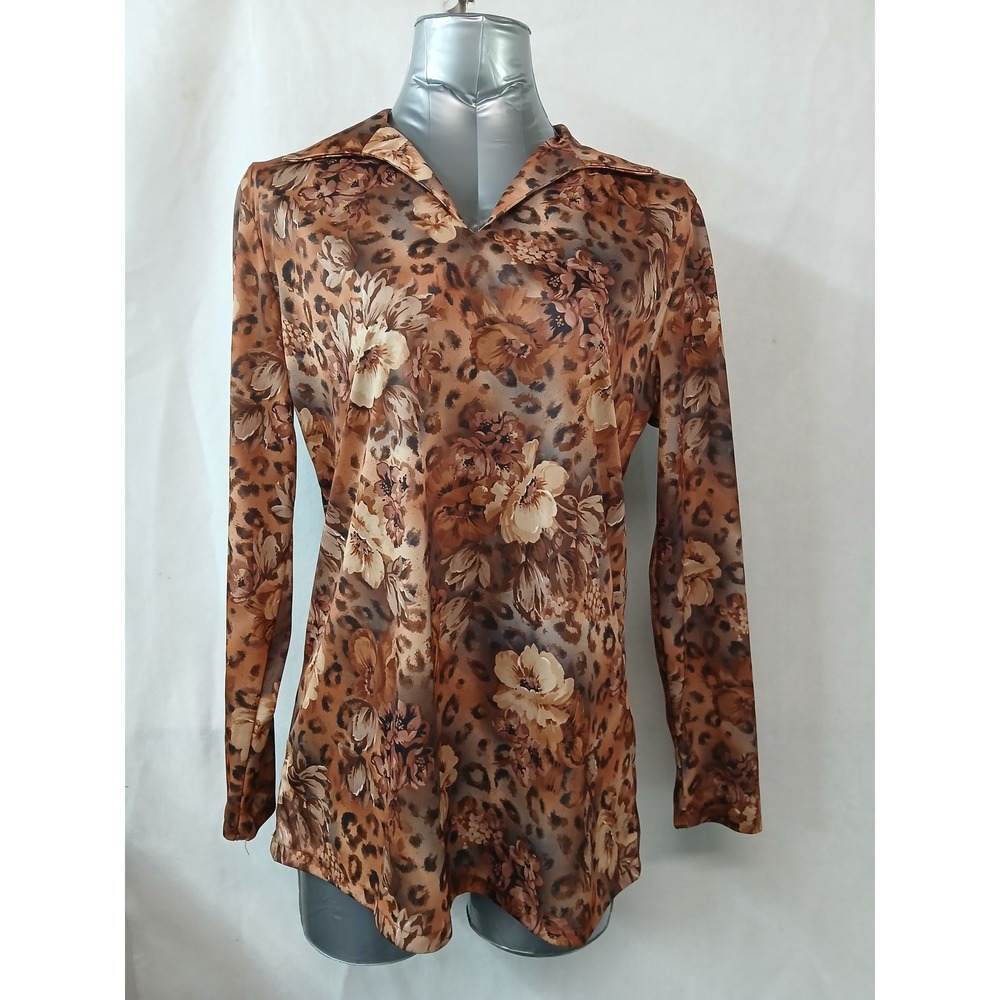 Vintage 70s Rival Brown Floral Leopard Print Long Sleeve V-Neck Haband Blouse M